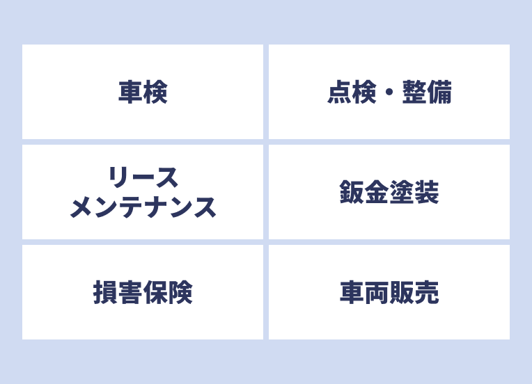 車検、点検・整備、リースメンテナンス、板金塗装、損害保険、車両販売